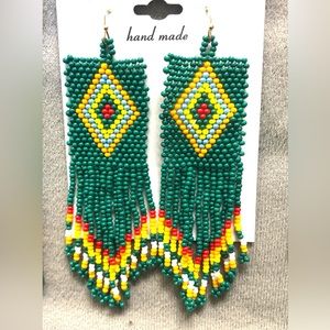 Green Colorful Bohemian Earrings Czech Beads Tassel Dangle Ethnic Retro Earrings